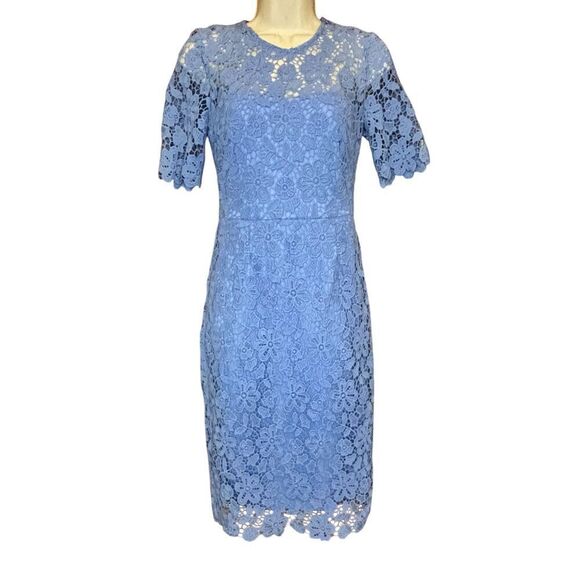 Eliza J Illusion Sleeve Lace Sheath Dress In Blue NWT Size 0 - Picture 3 of 7